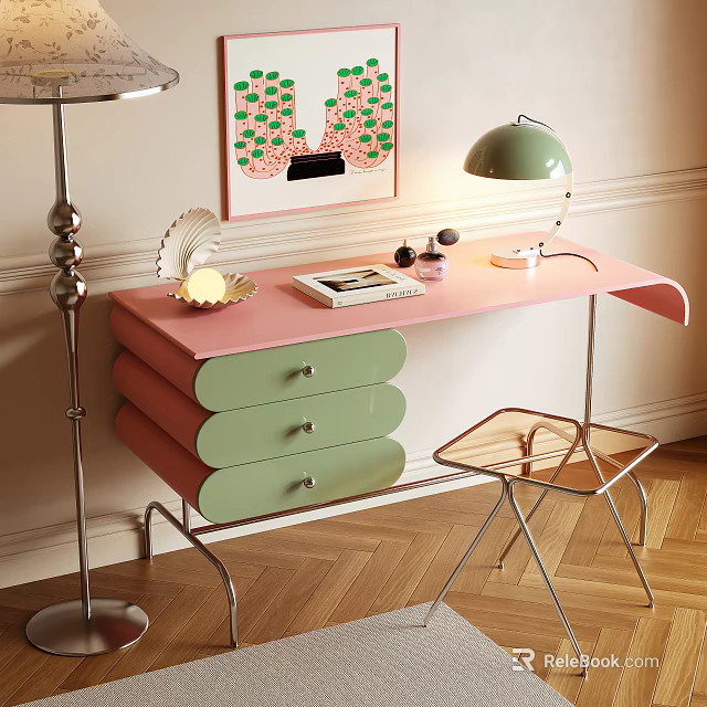 Modern Dressing Table With Pink Top Green Curved Drawers Table Lamp And Accent Chair 3d model 