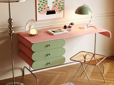 Modern Dressing Table With Pink Top Green Curved Drawers Table Lamp And Accent Chair 3d model