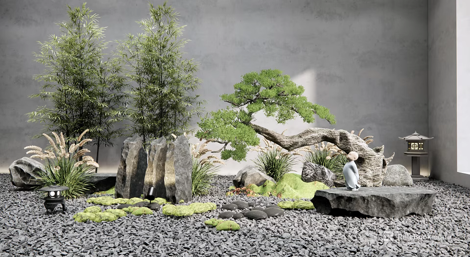 Zen Courtyard Garden With Bamboo Twisted Pine Tree Rocks Moss Gravel And Small White Statue 3d model 