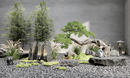 New Chinese style landscape sketch Kushen stone courtyard landscape stone rockery bamboo 3d model