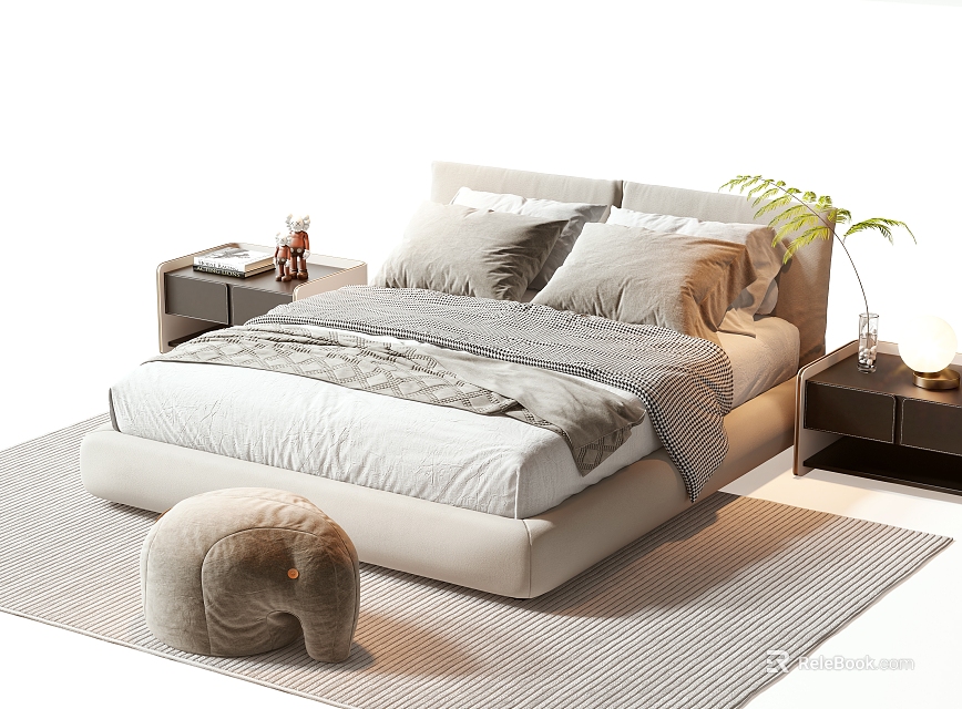 Modern Double Bed Setup With Soft Pillows Blanket Nightstands And Elephant Stool On Rug 3d model 