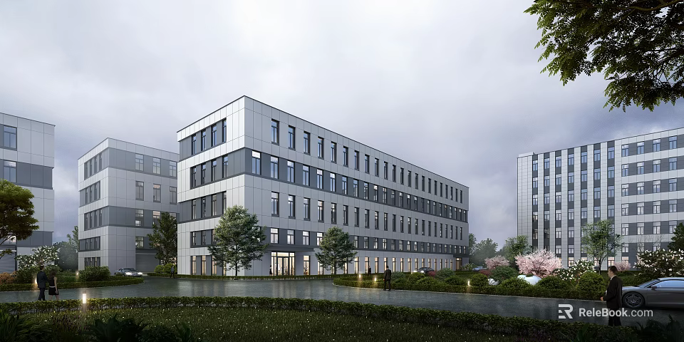 Modern Office Building Exterior With Lush Greenery And Water Feature 3d model 