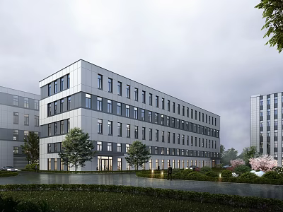 Modern Office Building Exterior With Lush Greenery And Water Feature 3d model