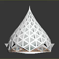 Modern Geometric White Conical Architectural Structure With Triangular Patterns And Orange Base
