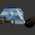 Blue Camper Van With Roof Rack Ladder Surfboard Mat And Tent