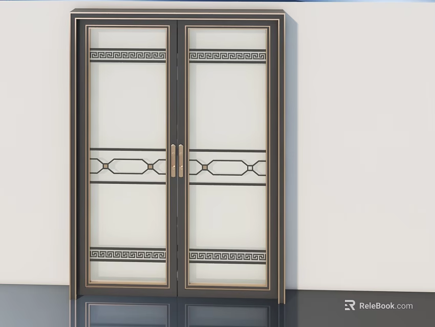 Modern Double Doors With Dark Frame And Glass Panels Decorative Geometric Patterns 3d model