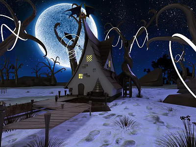 Cartoon Night Scene With Full Moon Pointed Roof House Twisted Trees And Snowy Ground 3d model
