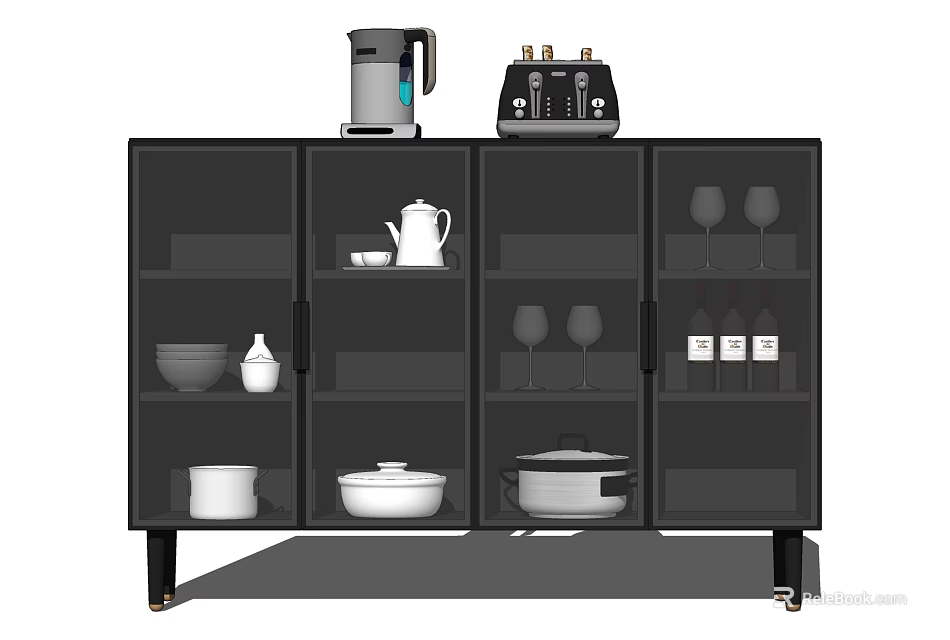 Black Glass Door Sideboard Holding Dishes Cookware Wine Glasses Topped with Coffee Maker and Toaster 3d model 