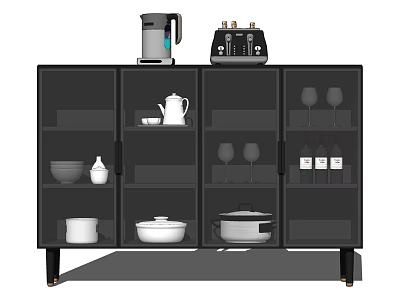 Black Glass Door Sideboard Holding Dishes Cookware Wine Glasses Topped with Coffee Maker and Toaster 3d model