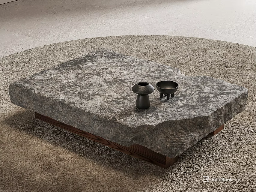 Natural Textured Stone Coffee Table With Rectangular Design On Brown Carpet And Black Decorative Items 3d model