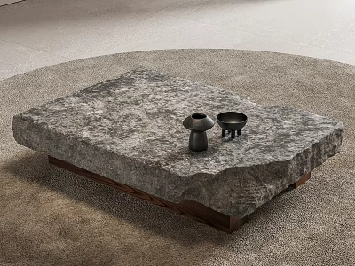 Natural Textured Stone Coffee Table With Rectangular Design On Brown Carpet And Black Decorative Items 3d model