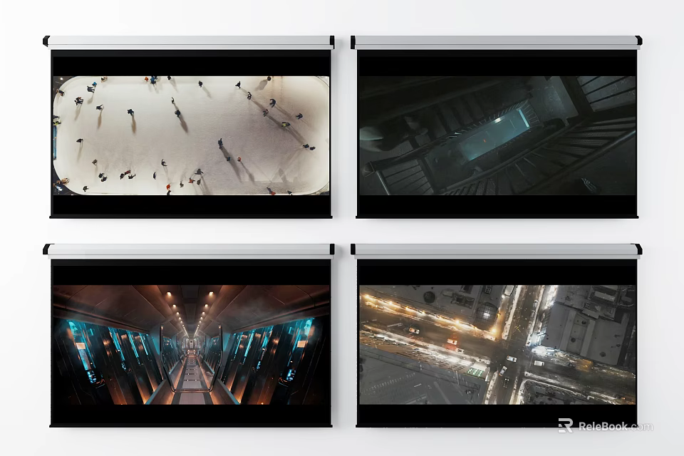 Projection Monitoring Display With Indoor Corridors Outdoor Crowd And Traffic Views 3d model 