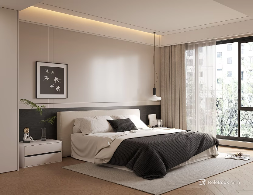 Modern Minimalist Bedroom Interior With White Headboard Black Bedding Nightstand Lamp And Wooden Floor Rug 3d model 