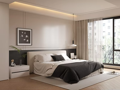 Modern Minimalist Bedroom Interior With White Headboard Black Bedding Nightstand Lamp And Wooden Floor Rug 3d model