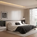 Modern Minimalist Bedroom Interior With White Headboard Black Bedding Nightstand Lamp And Wooden Floor Rug