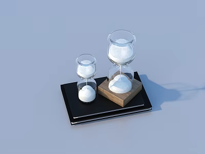 Two Hourglasses With White Sand On Black Tray And Wooden Base 3d model