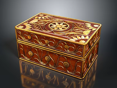Decorative Wooden Storage Box with Intricate Carved Floral Patterns and Golden Accents on Brown Surface 3d model