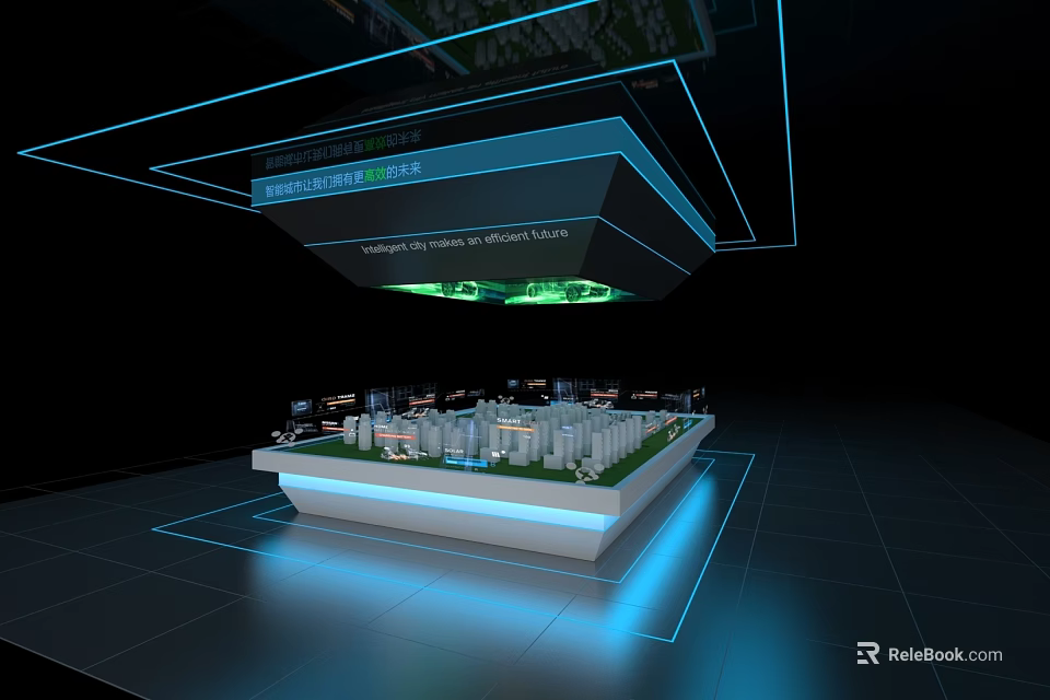 Modern Urban Planning Exhibition Model With Floating Digital Display And Tech Lighting 3d model