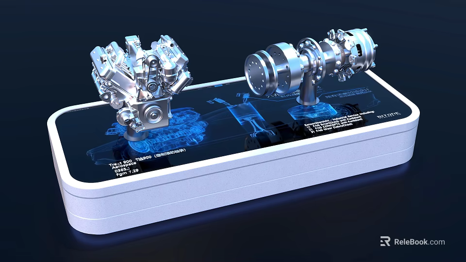 Detailed Mechanical Engine Models On White Display Stand With Blue Lighting 3d model 