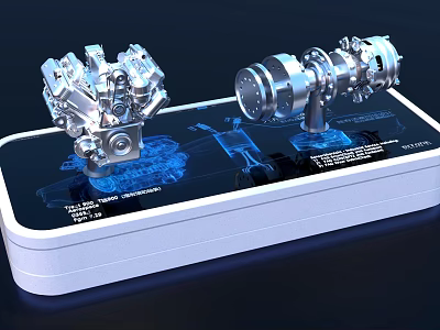 Detailed Mechanical Engine Models On White Display Stand With Blue Lighting 3d model