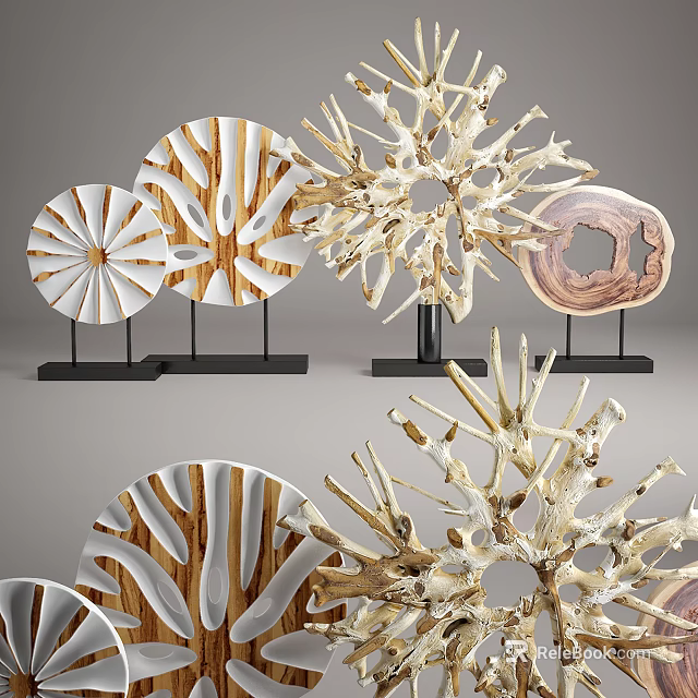 Modern Wooden Decorative Ornament Set with Circular Patterns Branch-like Shapes and Stands 3d model 