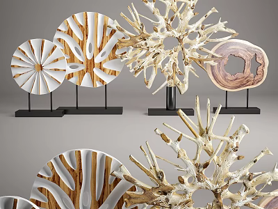 Modern Wooden Decorative Ornament Set with Circular Patterns Branch-like Shapes and Stands 3d model