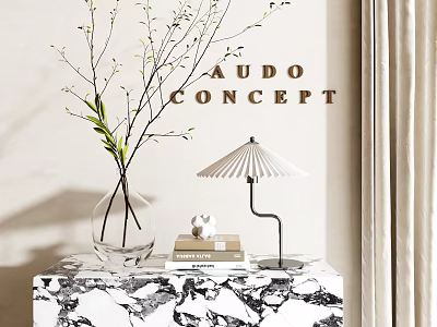 Decorative Ornament Combination With Glass Vase Twigs Table Lamp Books On Marble Table 3d model