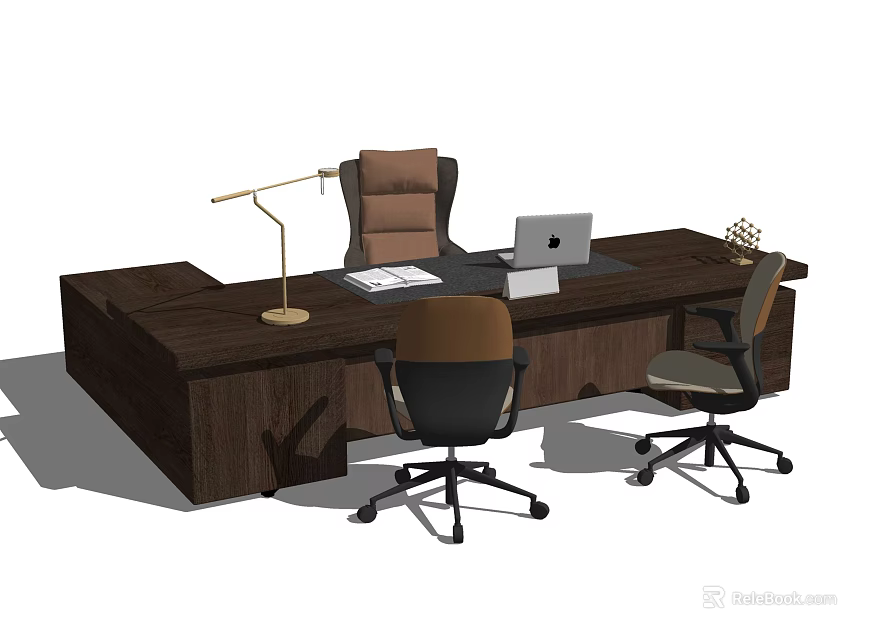 Dark Wooden Office Desk With Desk Lamp Laptop Documents And Two Office Chairs 3d model 