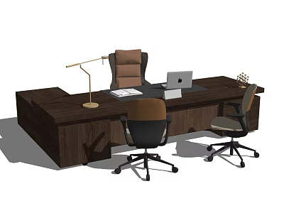 Dark Wooden Office Desk With Desk Lamp Laptop Documents And Two Office Chairs 3d model