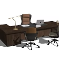 Dark Wooden Office Desk With Desk Lamp Laptop Documents And Two Office Chairs