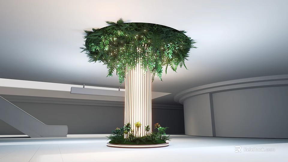 Floral Installation Design in Modern Interior with Green Plant Column and Overhead Foliage 3d model 