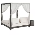 Rattan Four Poster Double Bed With White Canopy Curtains Mattress And Side Nightstand
