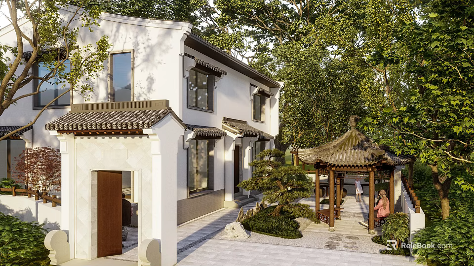 Traditional Chinese Courtyard Garden with White Architecture Pavilion Lush Greenery and Stone Pathway 3d model 