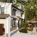 Traditional Chinese Courtyard Garden with White Architecture Pavilion Lush Greenery and Stone Pathway