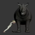 Giant Rhinoceros with Small Human Figure Standing Beside Showing Size Comparison on Gray Background