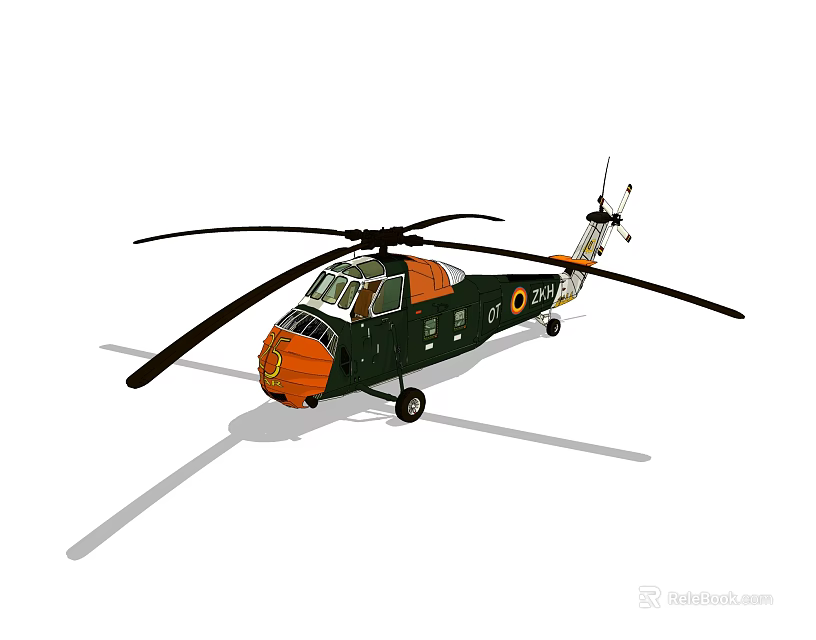 Detailed Green And Orange Helicopter With Rotors And Fuselage On Ground 3d model 