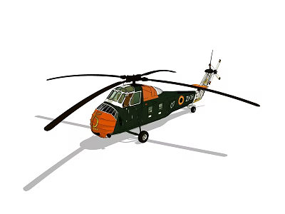 Detailed Green And Orange Helicopter With Rotors And Fuselage On Ground 3d model