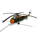 Detailed Green And Orange Helicopter With Rotors And Fuselage On Ground