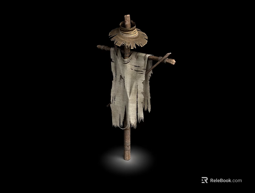 Game Movie Scarecrow Character With Straw Hat Tattered Cloth And Wooden Pole Standing 3d model 