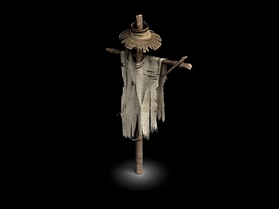 Game Movie Scarecrow Character With Straw Hat Tattered Cloth And Wooden Pole Standing 3d model
