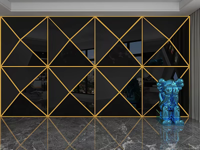 Modern Black Glass Feature Wall With Gold Geometric Patterns And Reflective Surface 3d model