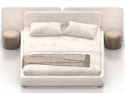 Modern Minimalist Double Bed With Light Headboard Two Pillows Brown Blanket And Round Stools 3d model