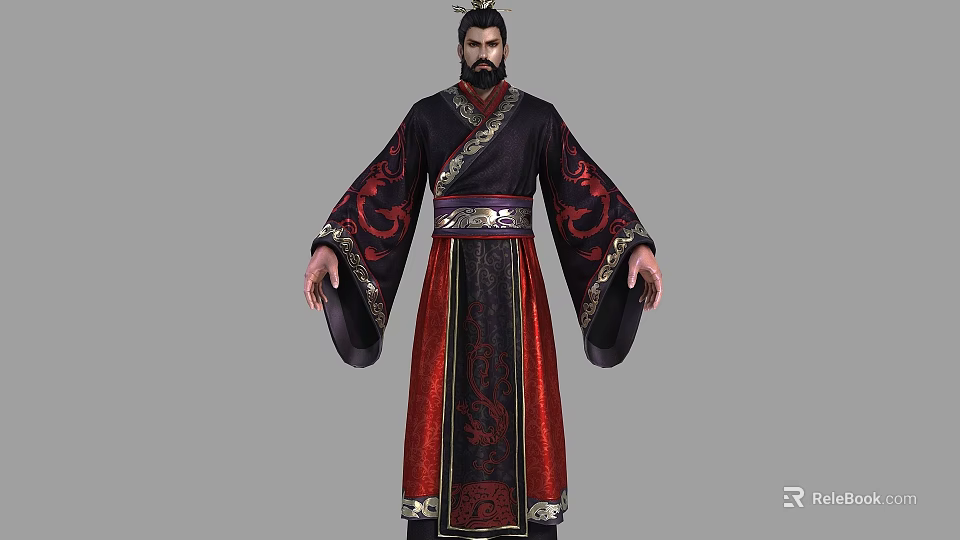 Man in Traditional Red and Black Robe with Dragon Patterns Ornate Belt and Eastern Style 3d model 