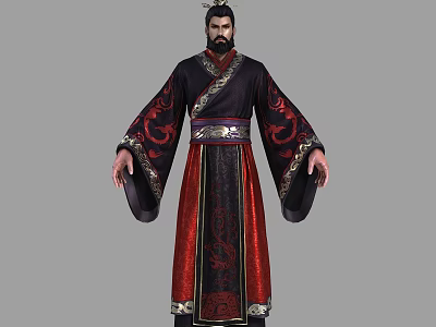 Man in Traditional Red and Black Robe with Dragon Patterns Ornate Belt and Eastern Style 3d model