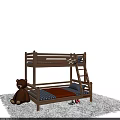 Cozy Wooden Bunk Bed with Striped Mattress Teddy Bear and Shoes in Kids Room