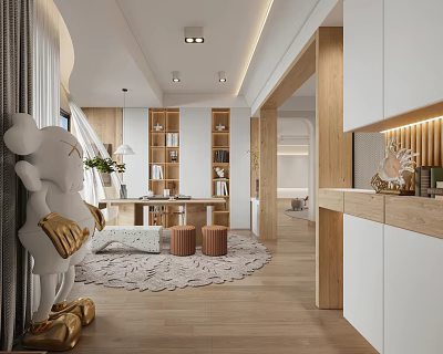 Modern Entryway Hallway Interior Design With Wooden Bookshelves Golden Decor And Rug 3d model