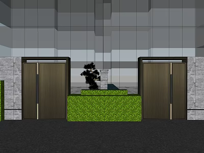 Elegant Garden Landscape Design With Greenery Stone Walls And Wooden Entrance Doors 3d model