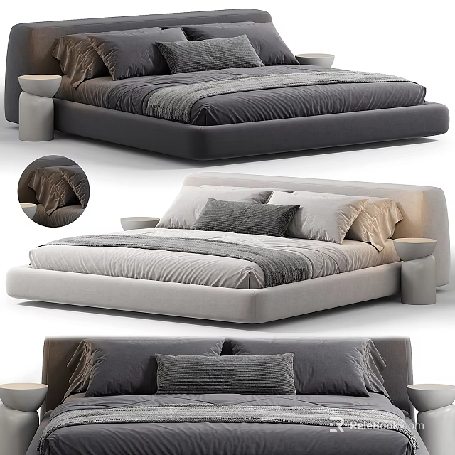 Gray And Beige Bed Interior Design With Pillows And Nightstand 3d model