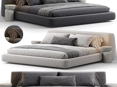 Gray And Beige Bed Interior Design With Pillows And Nightstand 3d model