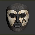 Decorative Metal And Wooden Mask With Carved Patterns Rivets And Cracked Design